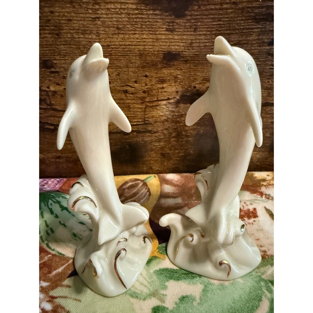Lenox Vintage Porcelain Dolphin Figurines Set of 2 Cream Gold Trim Statues 4"